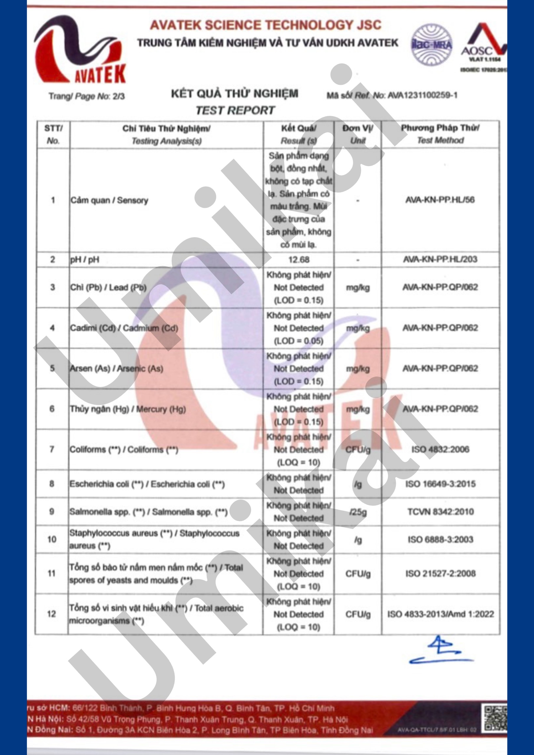 Kết quả test tính năng Khử Khuẩn và Tồn dư kim loại nặng