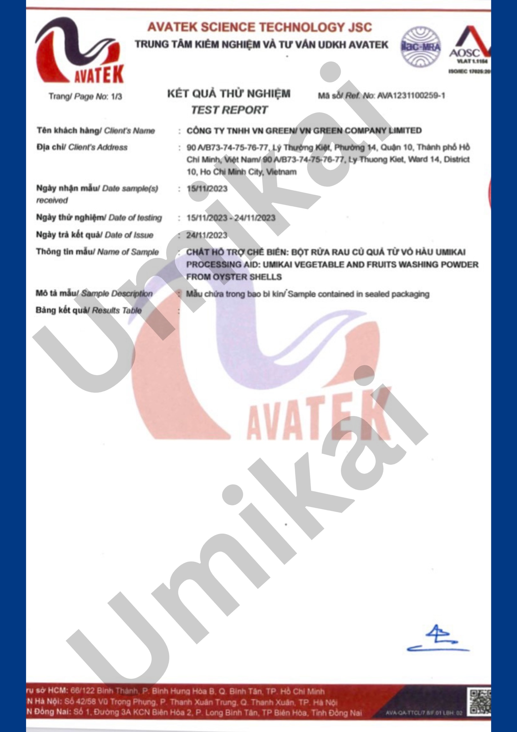 Kết quả test tính năng Khử Khuẩn và Tồn dư kim loại nặng