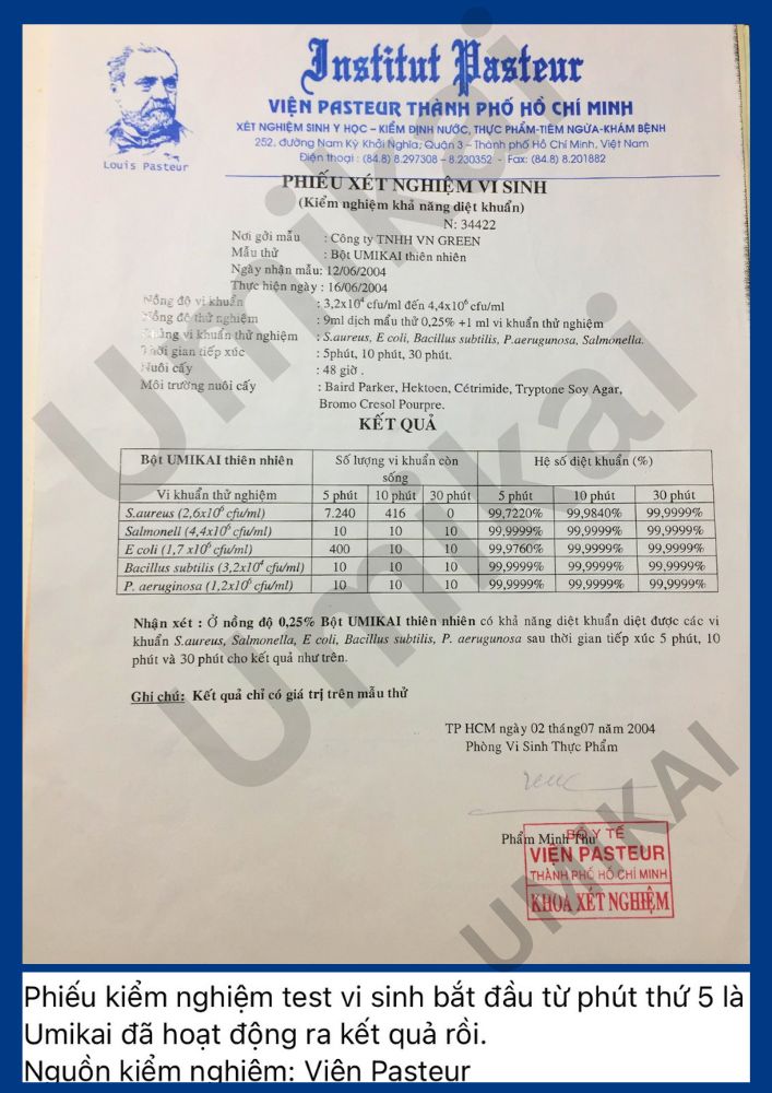 Chứng nhận từ Viện Pasteur TP.HCM