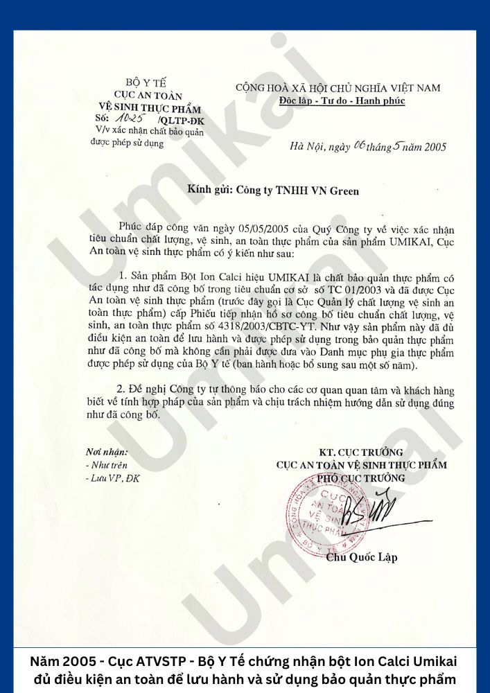 Giấy chứng nhận Bộ Y Tế - Cục An Toàn Vệ Sinh Thực Phẩm