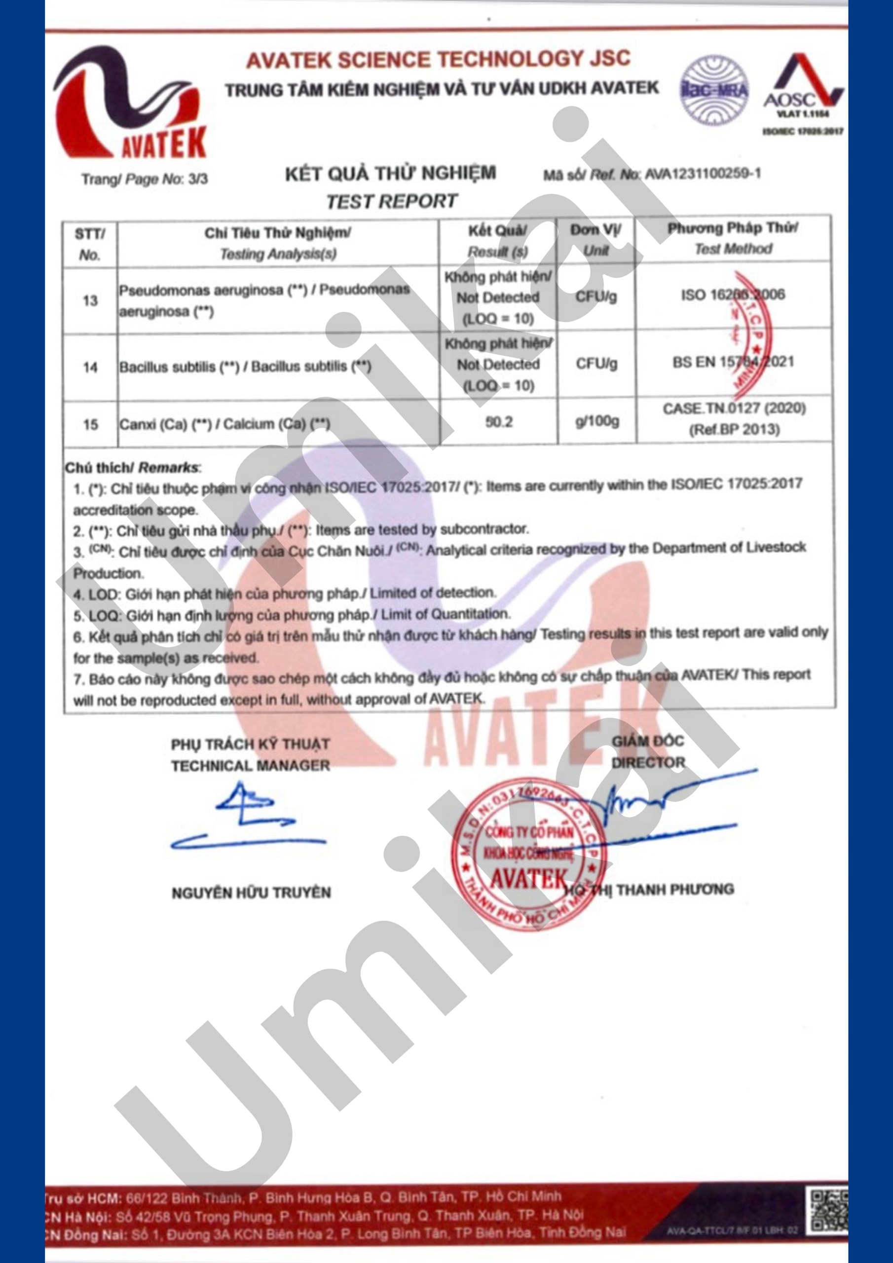 Kết quả test tính năng Khử Khuẩn và Tồn dư kim loại nặng